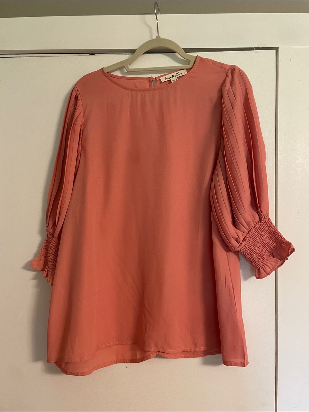Women's Pleated-Sleeve Coral Blouse with Smocked Cuffs